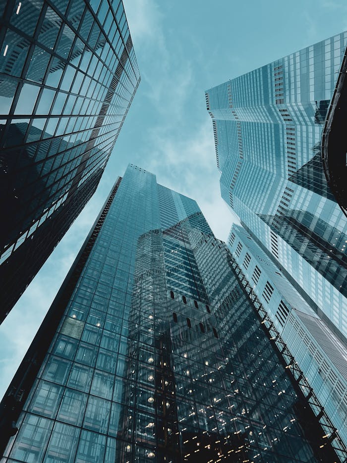 Stunning view of modern glass skyscrapers in London, showcasing urban architectural beauty.