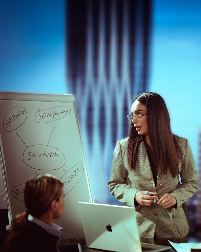 why-choose-us Professional woman giving a presentation in a Baghdad office with a cityscape view.